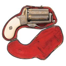 Engraved and Gold Finished Belgian Pinfire Pepperbox Revolver with Ivory Grips and Case