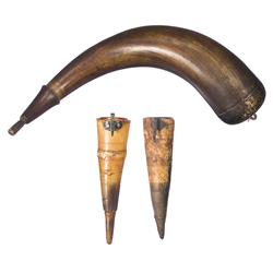 Two Knife Sharpening Stone Horn Holders and One Powder Horn