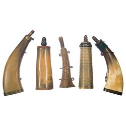 Two Powder Flasks and Three Powder Horns