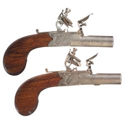 Pair of Hampton London Flintlock Screw Barrel Coat Pistols -A) Hampton London Marked Flintlock Pisto