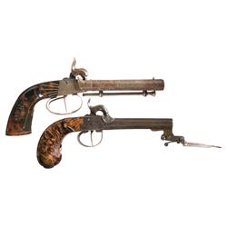 Two European Percussion Pistols -A) Unmarked Double Barrel Percussion Pistol with Extensive Etching 