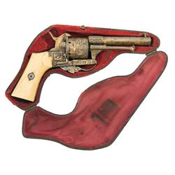 Finely Engraved Gold Washed Pinfire Revolver with Pipe Case and Ivory Grips