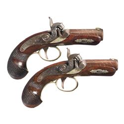Exceptional Pair of Engraved and Silver Banded Henry Deringer Pistols -A) Engraved Silver Banded Hen