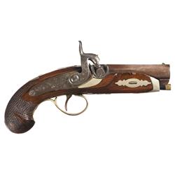 Fine Isaac Hollis & Sons Deringer Percussion Pistol with Engraved German Silver Furniture
