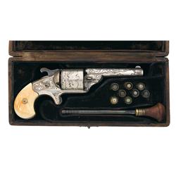 Excellent Cased Exhibition Quality Factory Engraved Silver Moore's Patent Front Loading Revolver wit