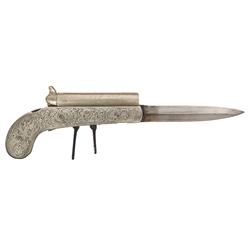 Unique Double Barrel Percussion Knife Pistol with Panel Scene Engraved Silver Grip Panels
