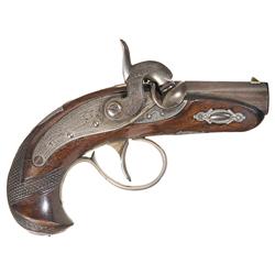 Outstanding Engraved Silver Mounted and Gold Inlaid Slotter & Company Peanut "Deringer" Percussion P