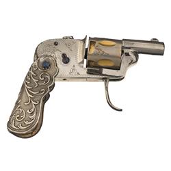 Excellent Engraved and Gold Washed Belgian Double Action Revolver with Metal Folding Grip