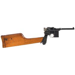 Mauser 1896 Broomhandle Semi-Automatic Pistol with Matching Shoulder Stock and Rare Factory Carved G