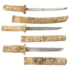 Three Japanese-Style Knives with Carved Bone Fittings