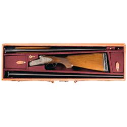 Cased Engraved Hebsacker Two Barrel Set Superposed Shotgun with Original Leather Takedown Case