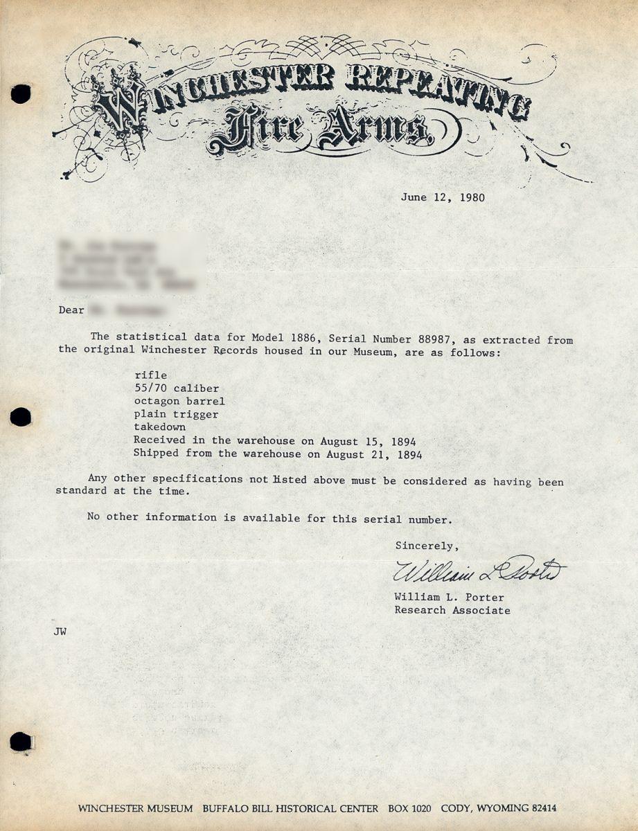 Winchester Model 1886 Takedown Lever Action Rifle with Factory Letter