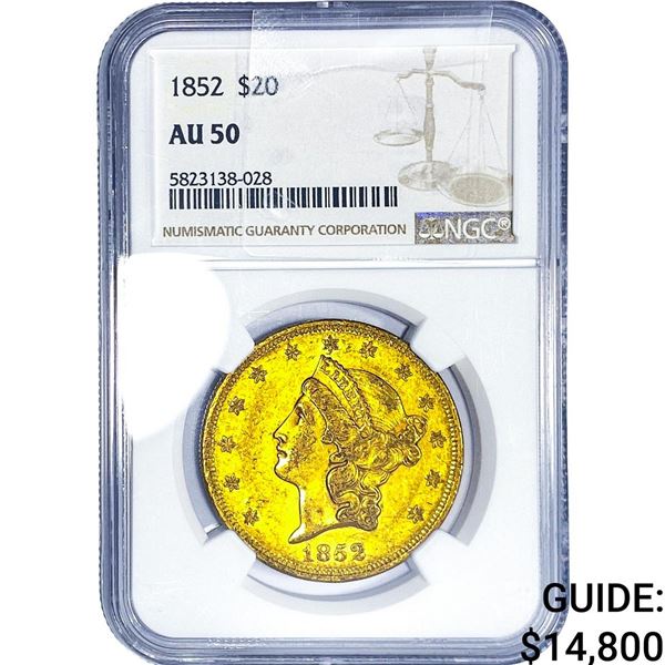 1852 $20 Gold Double Eagle NGC AU50