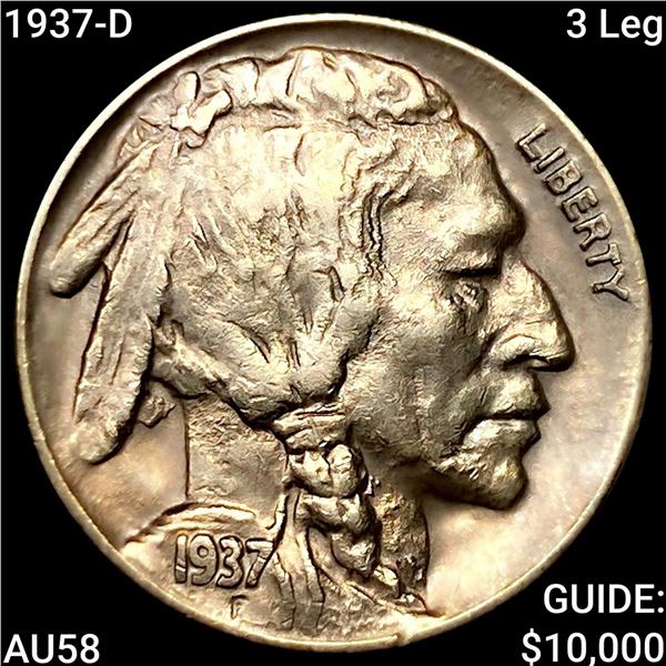 1937-D 3 Leg Buffalo Nickel CHOICE AU