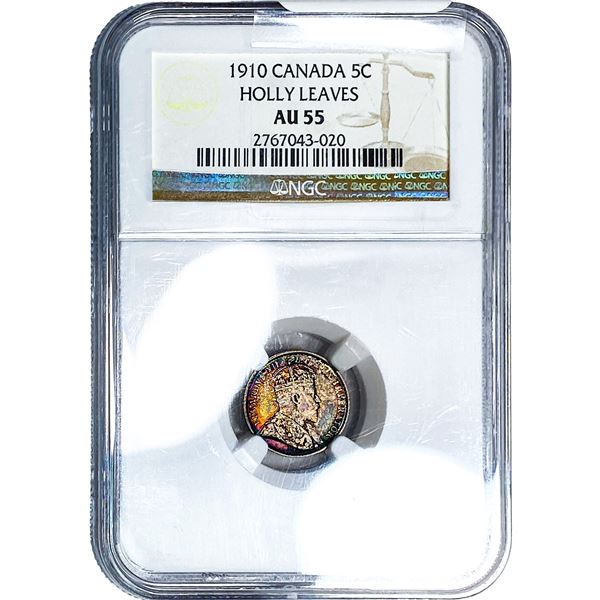 1910 Canada Silver 5 Cents Holly Cents NGC AU55