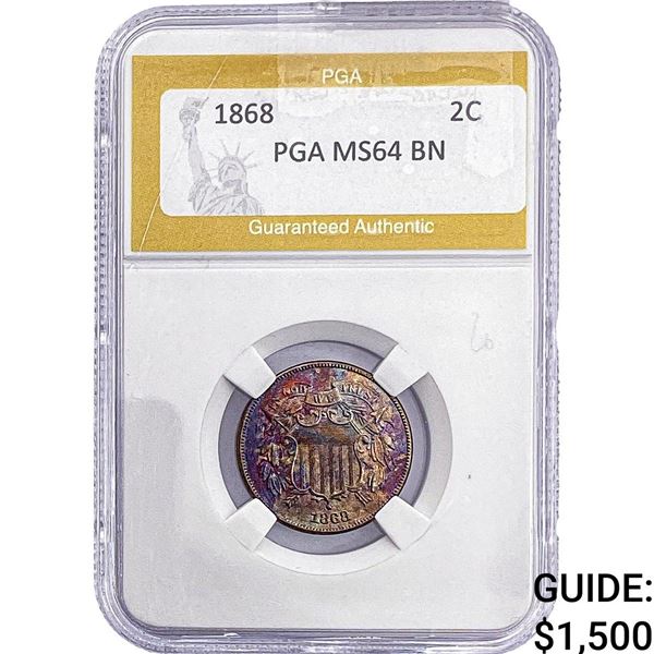 1868 Two Cent Piece PGA MS64 BN