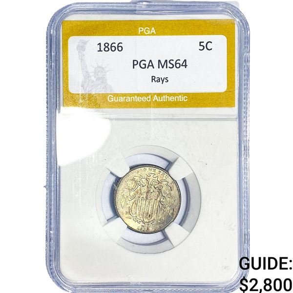 1866 Shield Nickel PGA MS64 Rays
