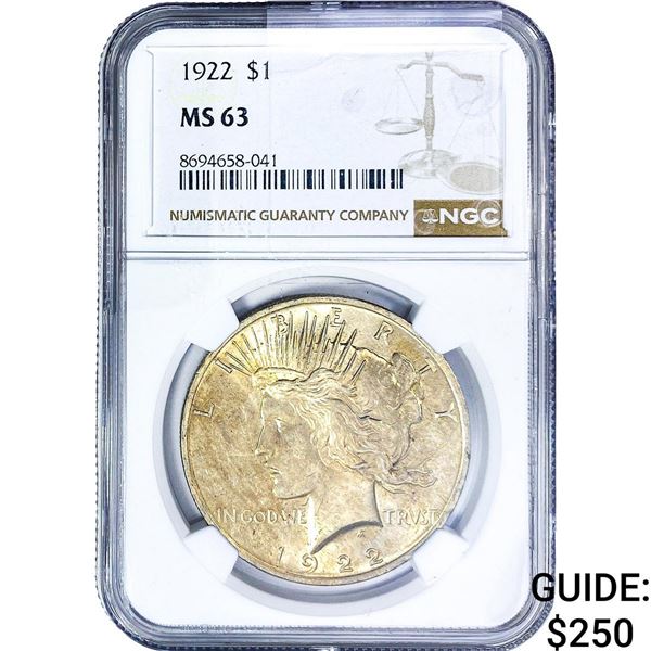 1922 Silver Peace Dollar NGC MS63