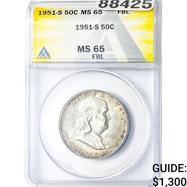 1951-S Franklin Half Dollar ANACS MS65 FBL