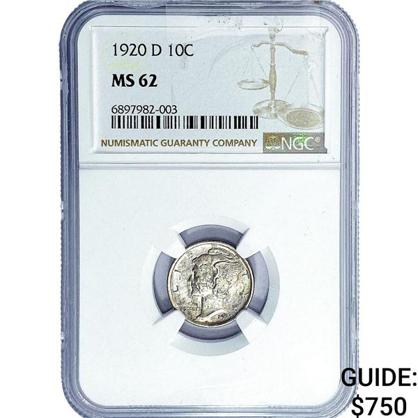 1920-D Mercury Silver Dime NGC MS62