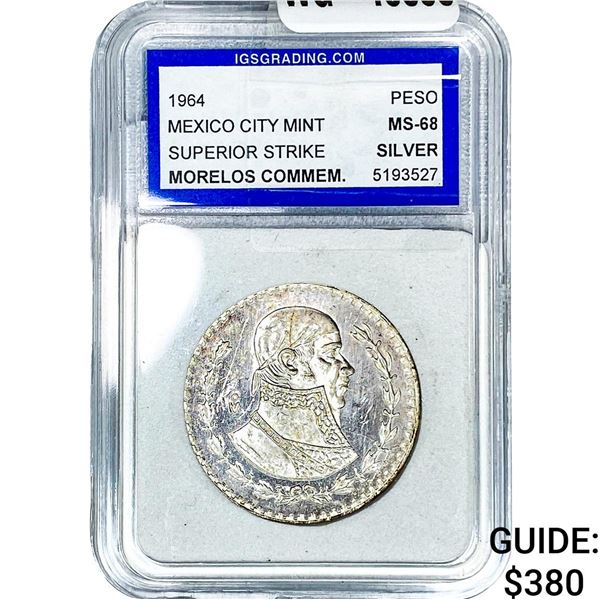 1964 Mexico Silver Peso Superior Strike IGS MS68