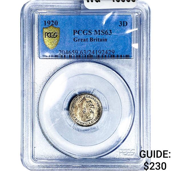 1920 Great Britain Silver 3 Pence PCGS MS63