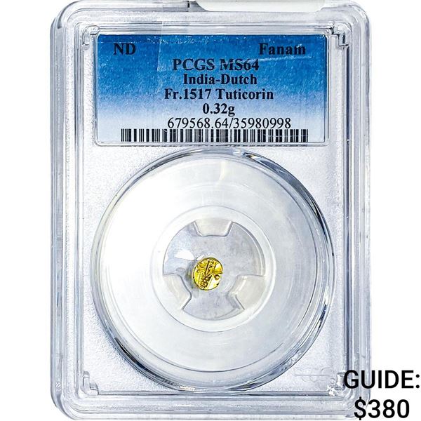 India-Dutch Gold .32g Fanam Fr.1517 Tuticorin PCGS