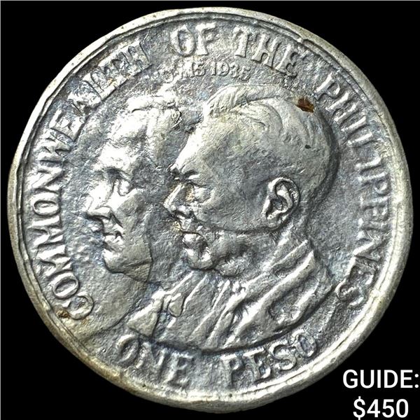 1936 Philippines Silver 1 Peso-Rare Dbl Stamped