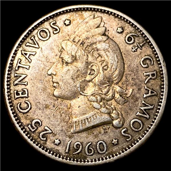 1960 Dominican Republic Silver 25 Centavos
