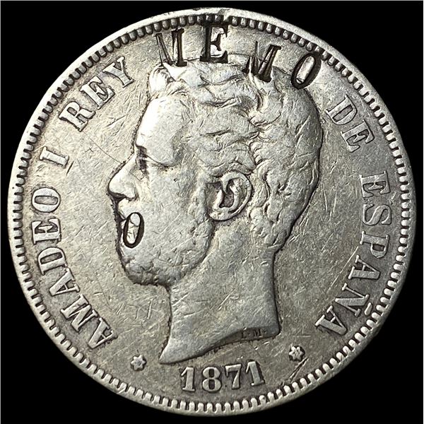 1871 Spain Silver 5 Pesetas Amadeo I HIGH GRADE