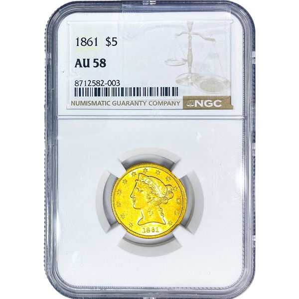1861 $5 Gold Half Eagle NGC AU58