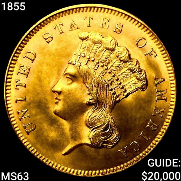 1855 $3 Gold Piece CHOICE BU