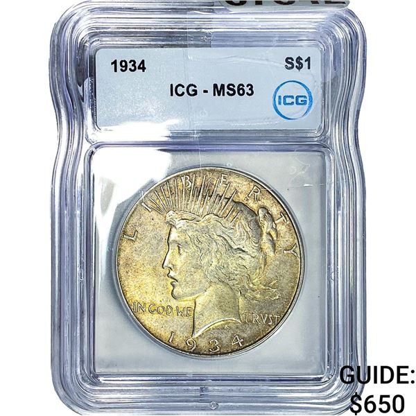 1934 Silver Peace Dollar ICG MS63
