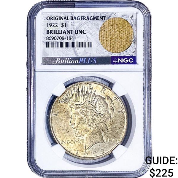1922 Silver Peace Dollar NGC BU Orig. Bag Frag.