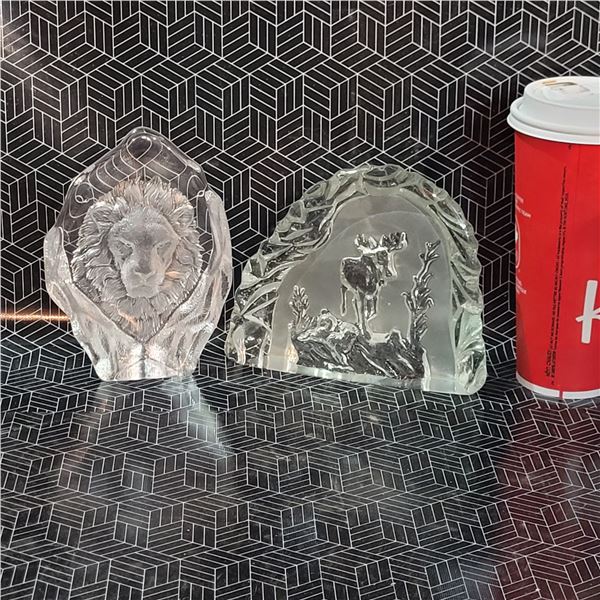Mats Jonasson Lion Etched Crystal & Nybro Glasbruk Moose Etched Crystal