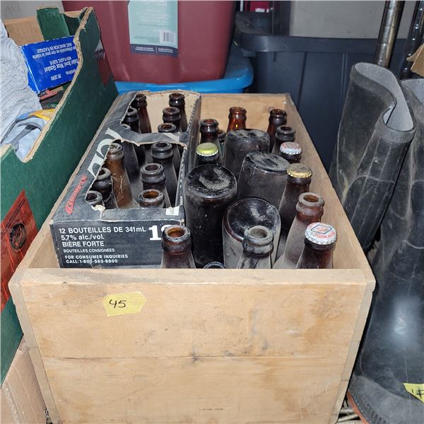 Wooden Box with Vintage Bottles