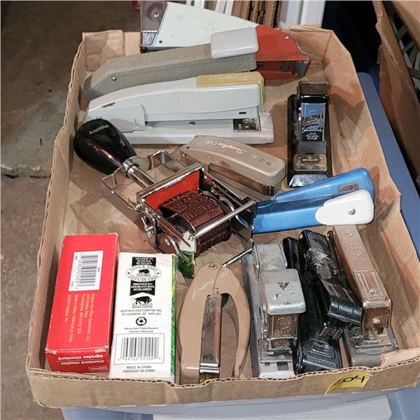 Box of Vintage Staplers and Stationary