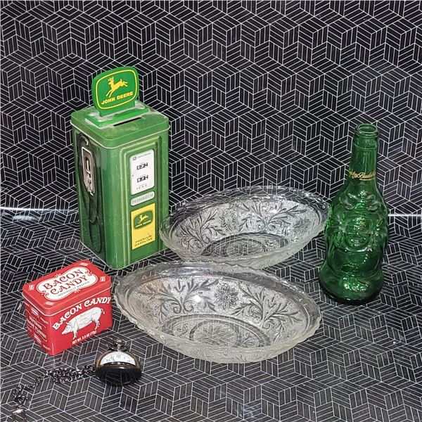 Mixed Estate Lot - John Deere, Bacon Candy, Lucky Buddha, Pocket Watch