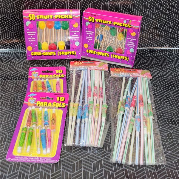 Lot of Vintage Unique Parasols, Fruit Picks, Parasol Straws