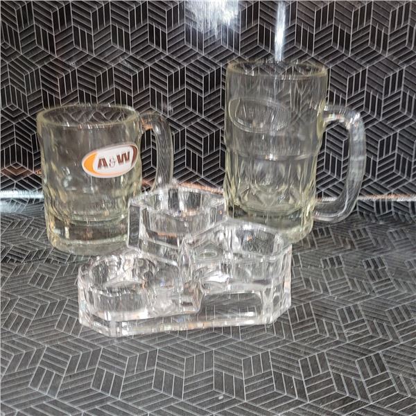 Party Lite Crystal Holder, 2 Vintage A&W Glass Mugs