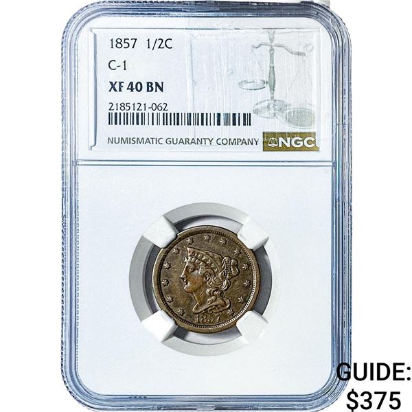 1857 Braided Hair Half Cent NGC XF40 BN C-1