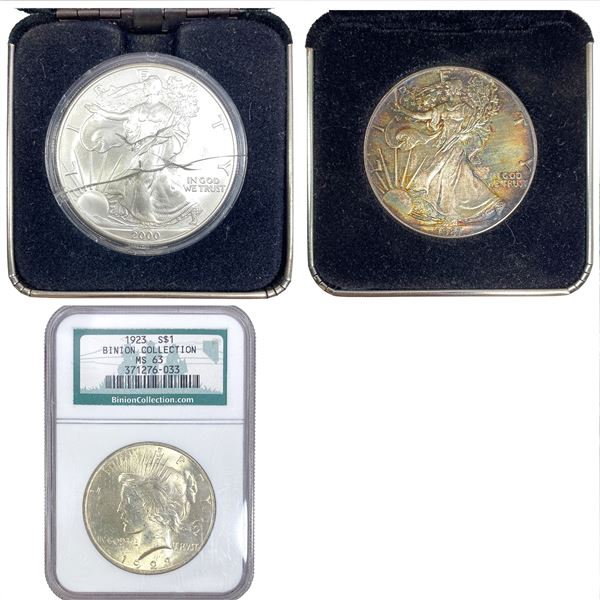 [3 Coins] 1923-2000 Peace $1 & Silver Eagles NGC MS63