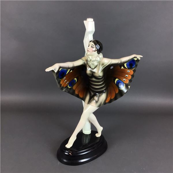 Goldscheider Austria Art Deco Lamp Base Figure of Lady with Butterfly Wing Dress by Josef Lorenzl