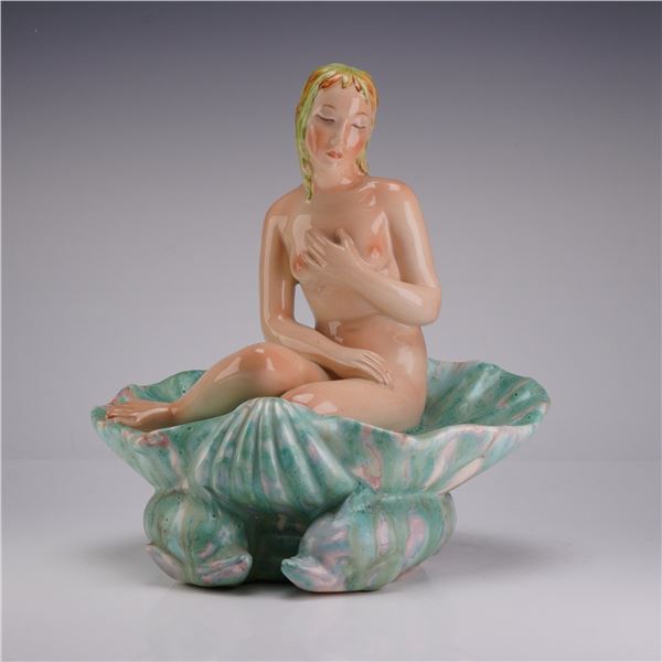 Lenci Torino Italian Polychrome Ceramic Figurine, Nude in a Shell