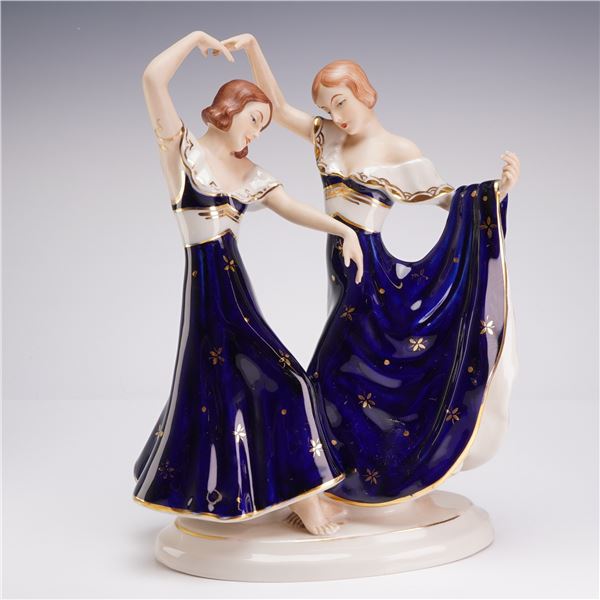 Elly Strobach Konig for Royal Dux Bohemia Art Deco Porcelain Figurine, Dancing Sisters