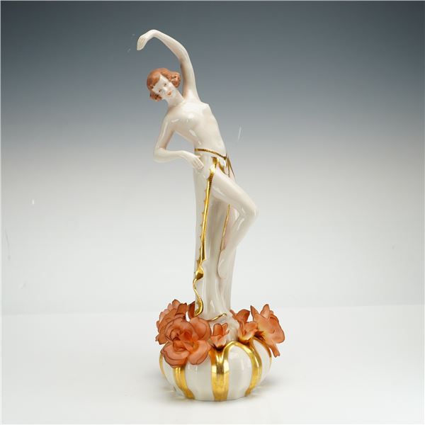 Royal Dux Vintage Art Deco Gilt Decorated Porcelain Maiden Figurine w/ Flowers