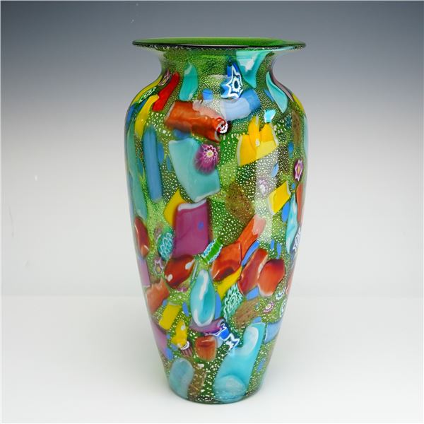 Murano Style Venini Tutti Frutti Aventurine and Millefiori Art Glass Vase