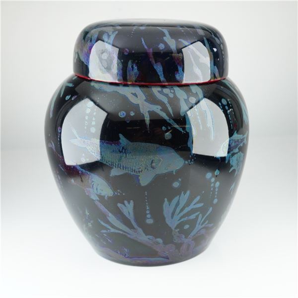 Bernard Moore Pottery Flambe Silver Lustre Koi Fish Lidded Ginger Jar