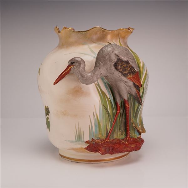 Doulton Burslem High Relief Stork and Hand Painted Floral Vase