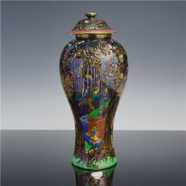 Wedgwood Fairyland Lustre Lidded Vase, Jewelled Tree with Cat and Mouse and Copper Trees Z4968